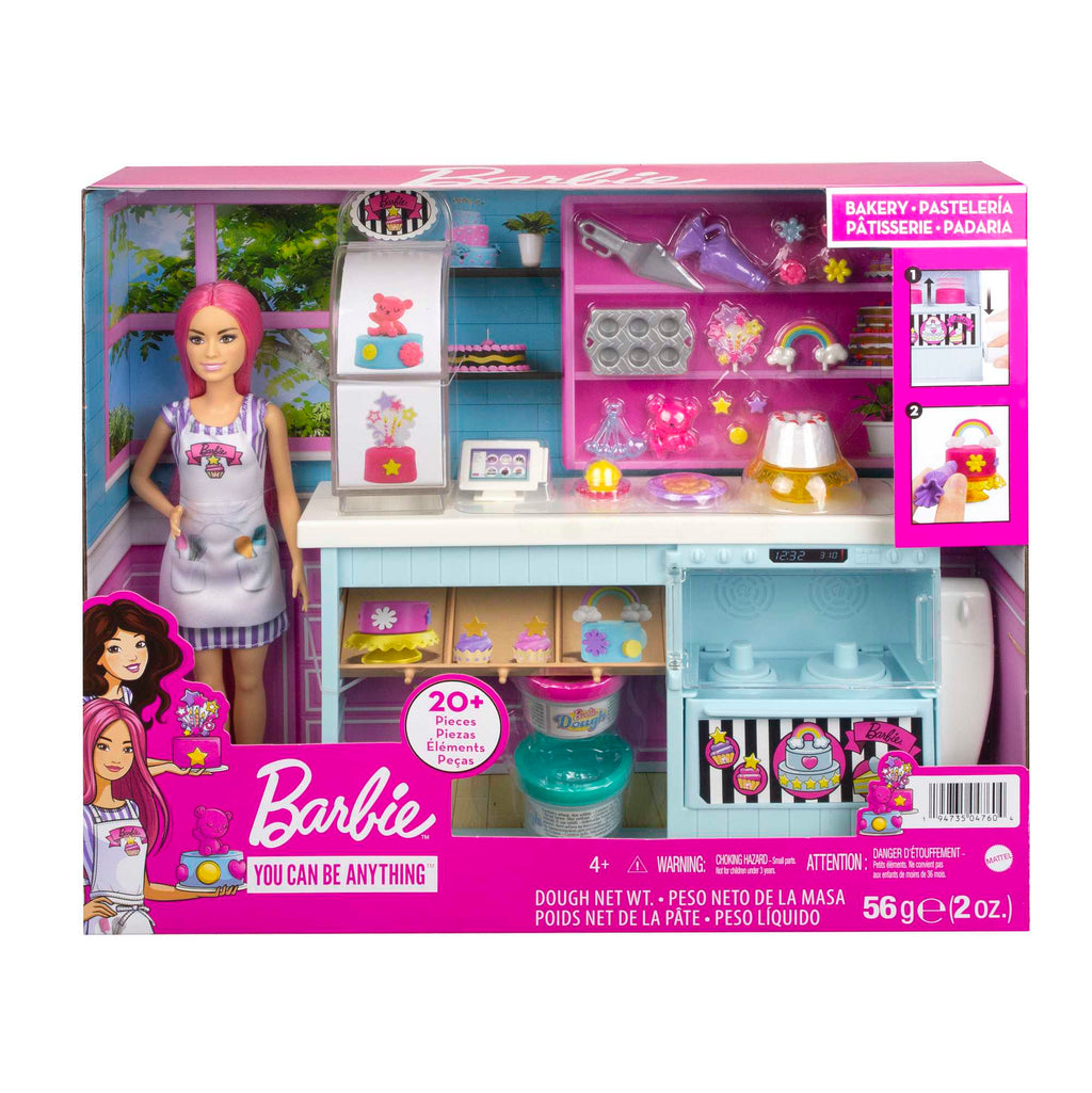 Barbie® Pasta Dükkanı oyun seti ve pembe saçlı, minyon 30 cm bebek, fırın standı, pasta yapma özelliği, gerçeğe uygun 20'den fazla oyun parçası, 3 yaş ve üzeri