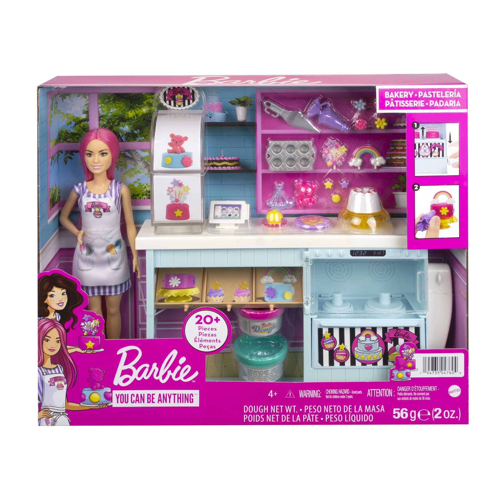Barbie® Pasta Dükkanı oyun seti ve pembe saçlı, minyon 30 cm bebek, fırın standı, pasta yapma özelliği, gerçeğe uygun 20'den fazla oyun parçası, 3 yaş ve üzeri