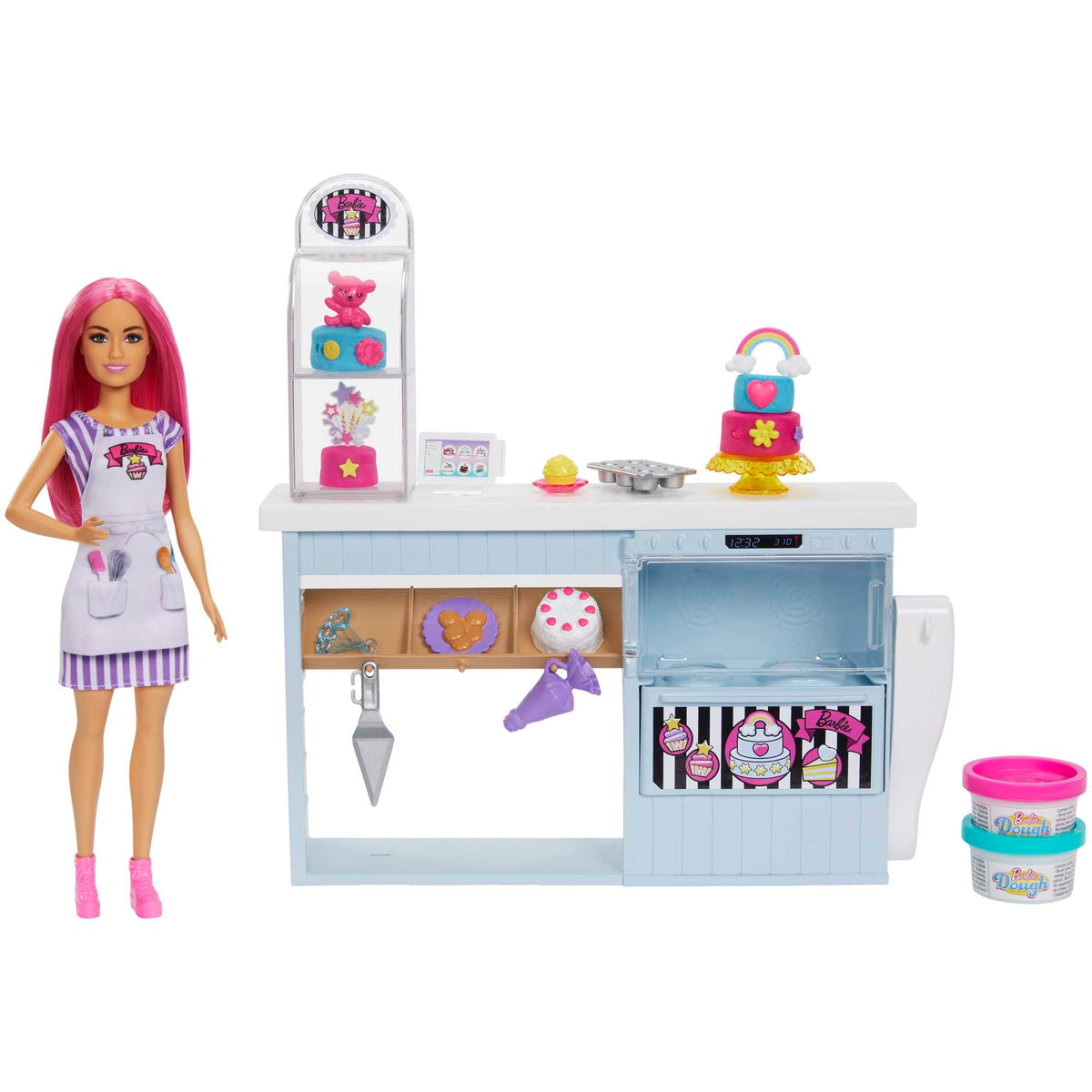 Barbie® Pasta Dükkanı oyun seti ve pembe saçlı, minyon 30 cm bebek, fırın standı, pasta yapma özelliği, gerçeğe uygun 20'den fazla oyun parçası, 3 yaş ve üzeri