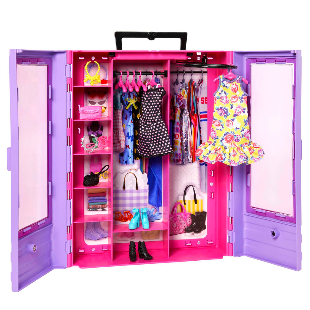 Barbie'nin Pembe Gardırobu bebek ve oyun seti bebek, kıyafetler ve aksesuarla birlikte taşınabilir moda oyuncağı