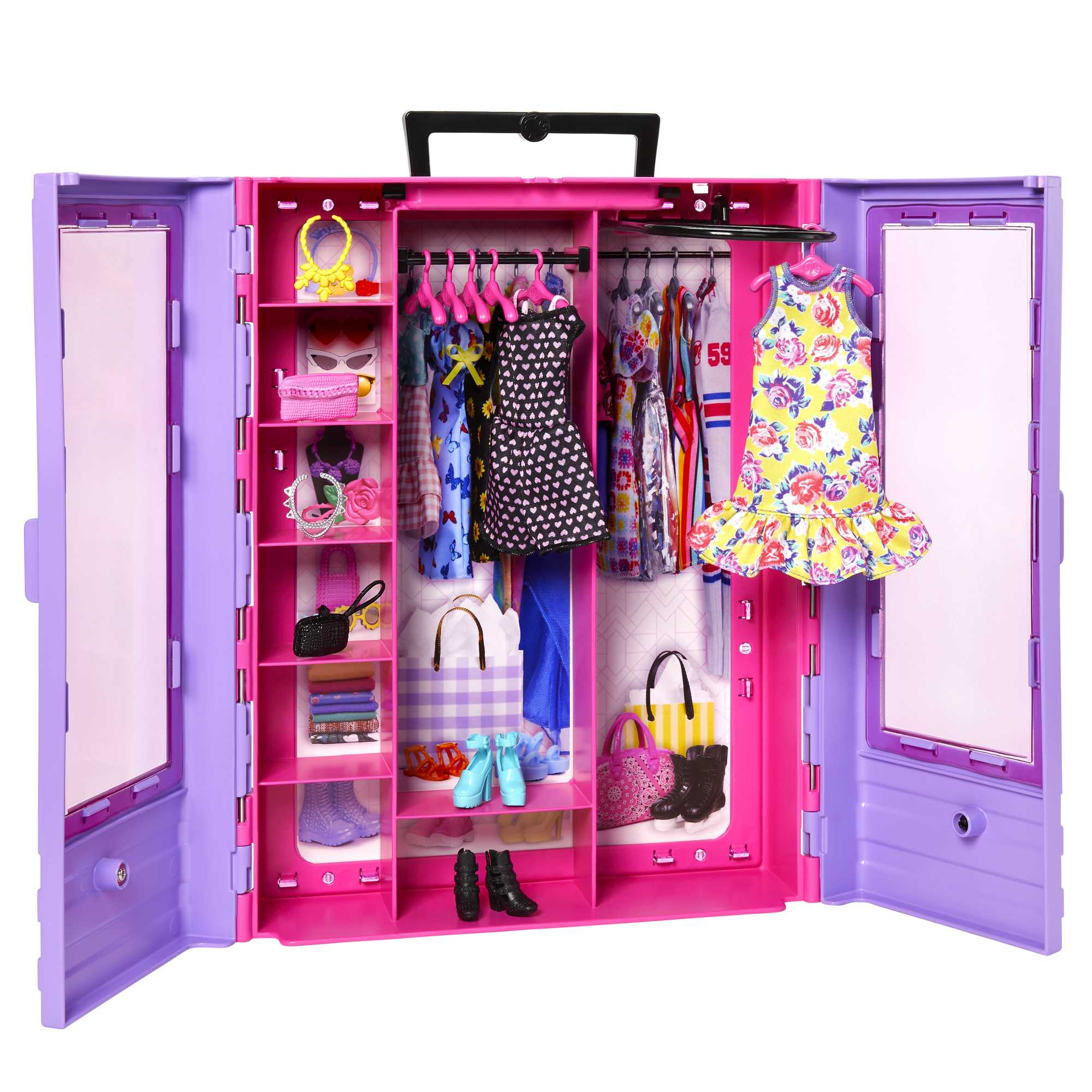 Barbie'nin Pembe Gardırobu bebek ve oyun seti bebek, kıyafetler ve aksesuarla birlikte taşınabilir moda oyuncağı