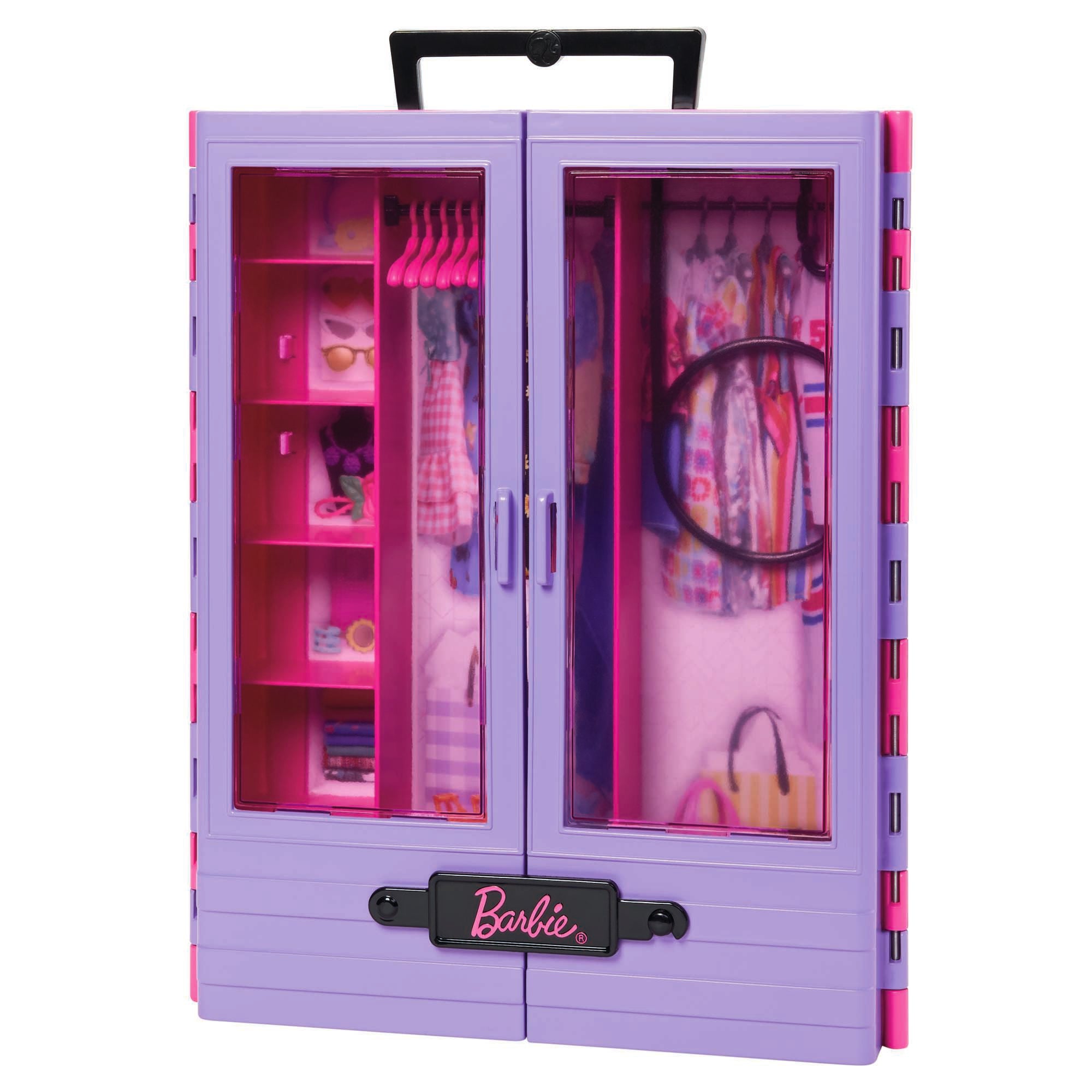 Barbie'nin Pembe Gardırobu bebek ve oyun seti bebek, kıyafetler ve aksesuarla birlikte taşınabilir moda oyuncağı