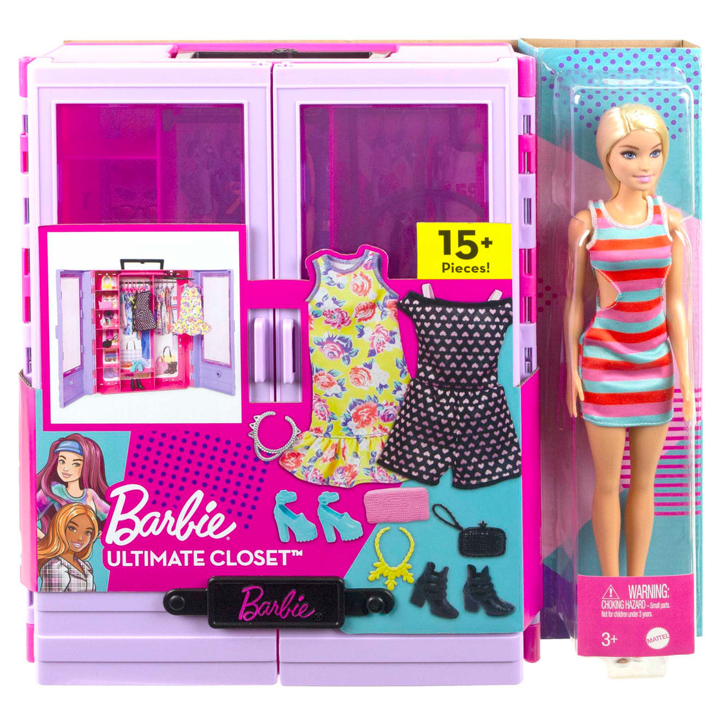 Barbie'nin Pembe Gardırobu bebek ve oyun seti bebek, kıyafetler ve aksesuarla birlikte taşınabilir moda oyuncağı