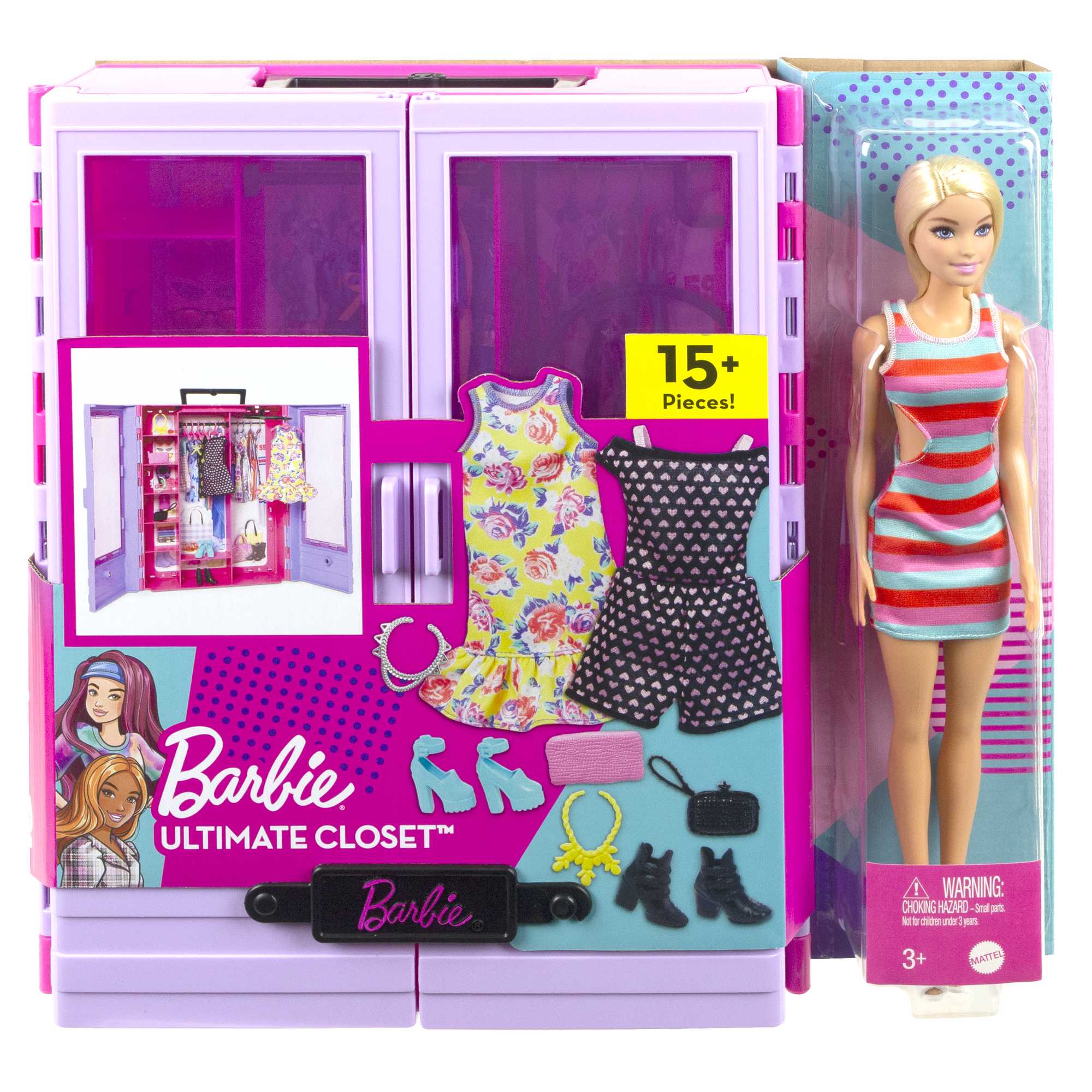 Barbie'nin Pembe Gardırobu bebek ve oyun seti bebek, kıyafetler ve aksesuarla birlikte taşınabilir moda oyuncağı