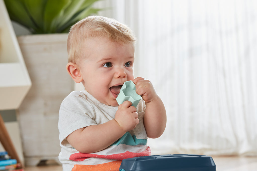 Bebekler için lacivert ve bej renginde 10'lu şekil eşleştirme oyuncağı Fisher-Price Bebeğimin İlk Blokları