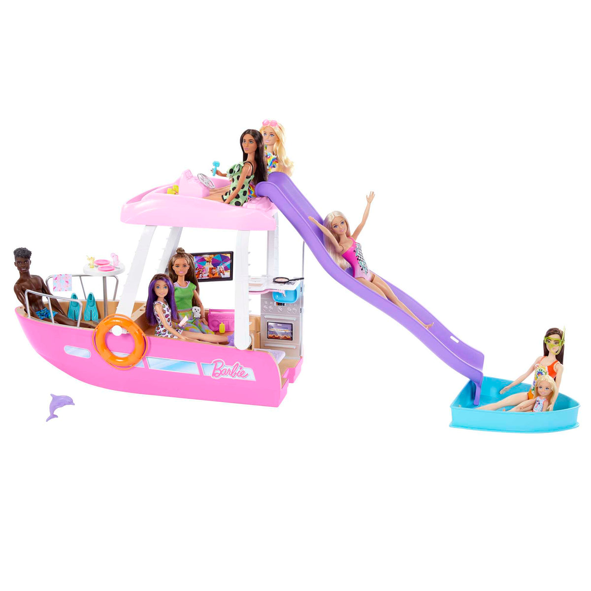 Havuzlu ve kaydıraklı Barbie'nin Rüya Botu oyun seti ve aksesuarlar