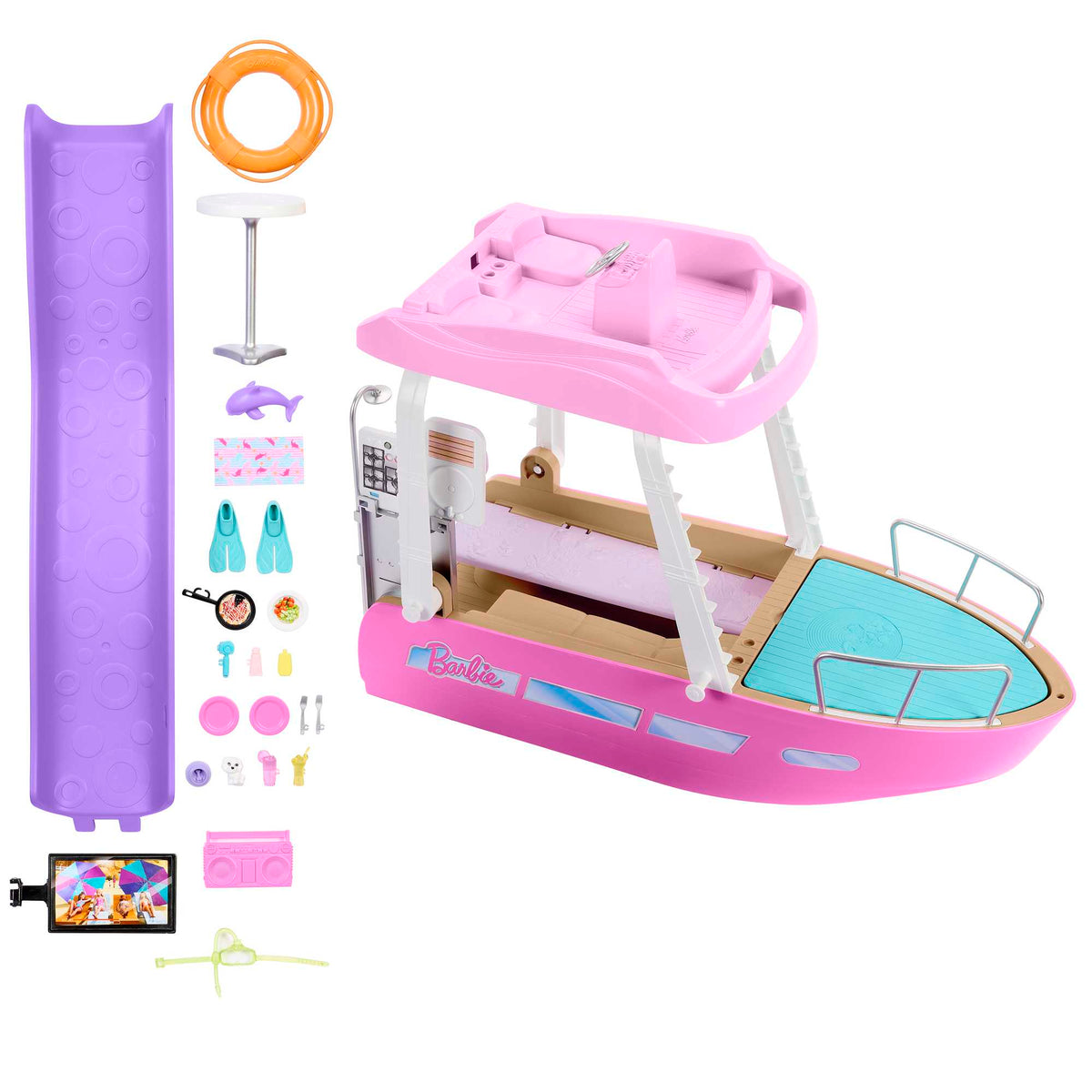 Havuzlu ve kaydıraklı Barbie'nin Rüya Botu oyun seti ve aksesuarlar