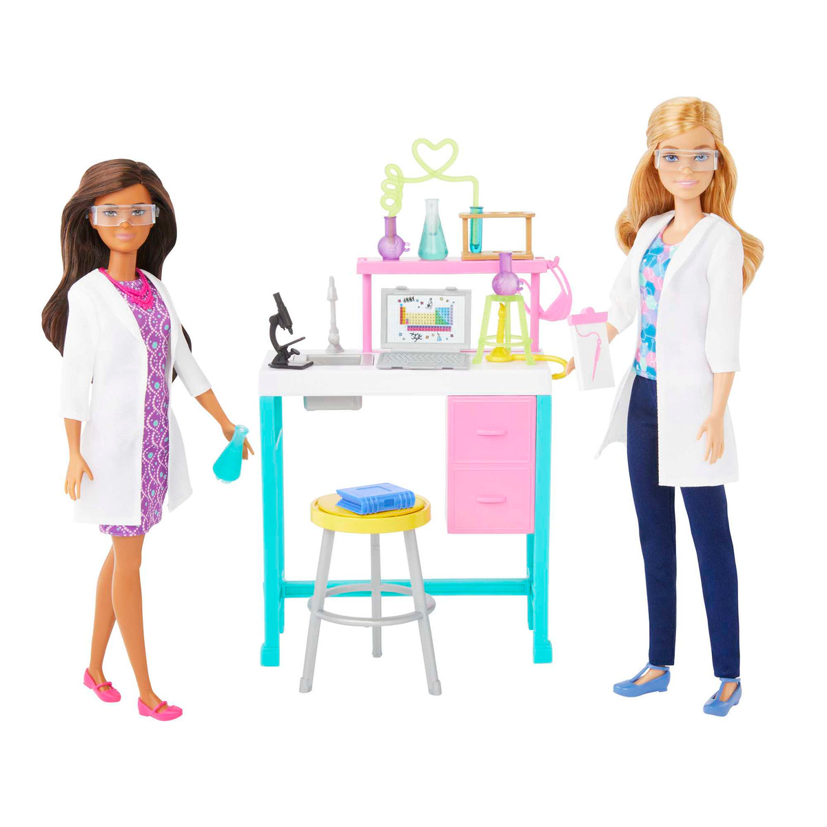 Barbie® Bilim Laboratuvarı oyun seti, 2 bebek, laboratuvar tezgahı ve 10'dan fazla aksesuar