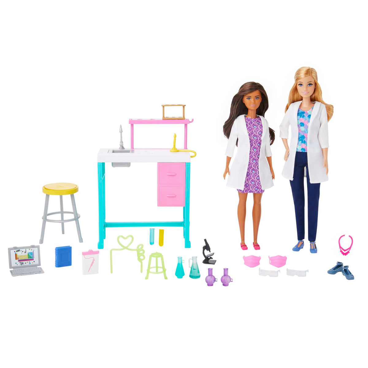 Barbie® Bilim Laboratuvarı oyun seti, 2 bebek, laboratuvar tezgahı ve 10'dan fazla aksesuar