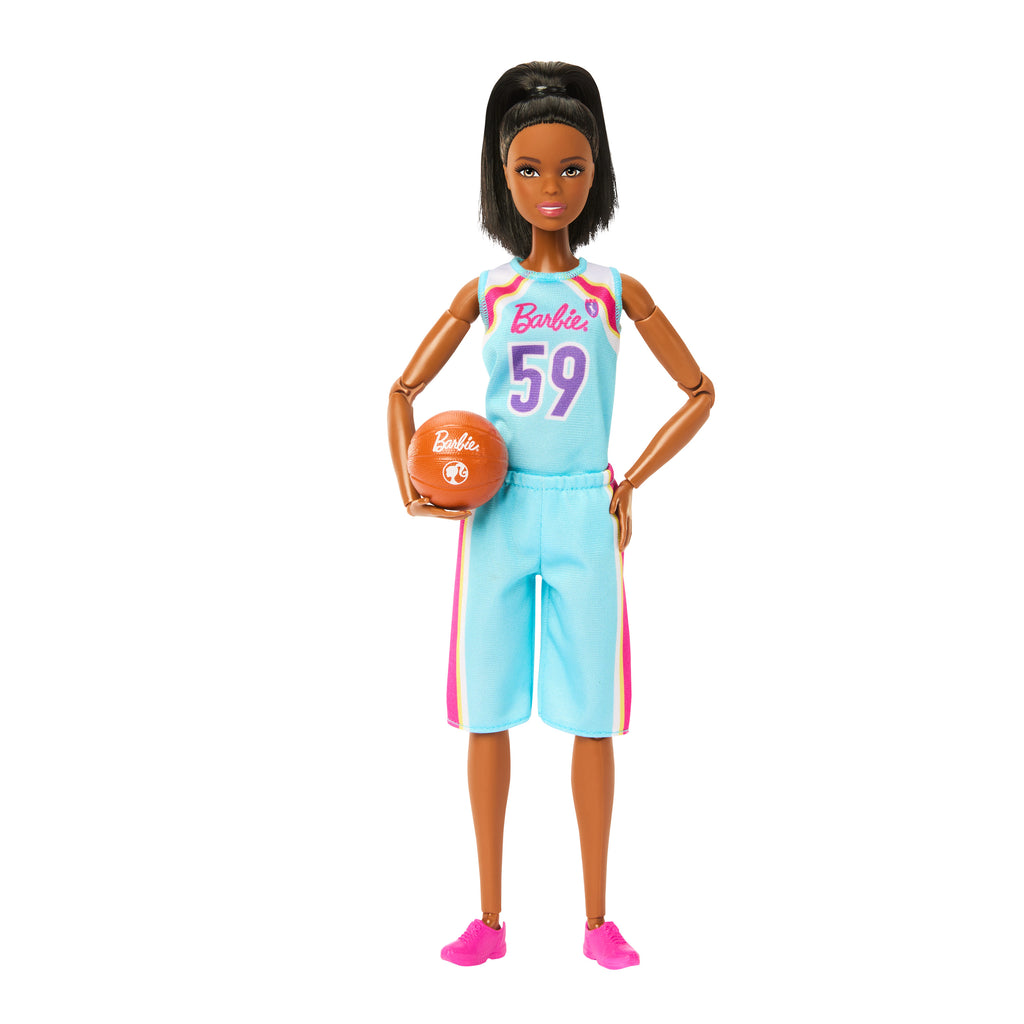 Barbie Sonsuz Hareket Basketbolcu Bebek ve aksesuarları, forması ve topuyla esmer bebek