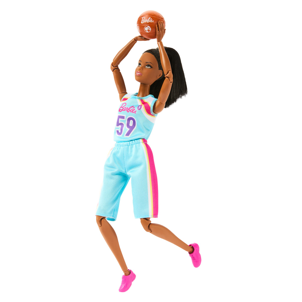 Barbie Sonsuz Hareket Basketbolcu Bebek ve aksesuarları, forması ve topuyla esmer bebek