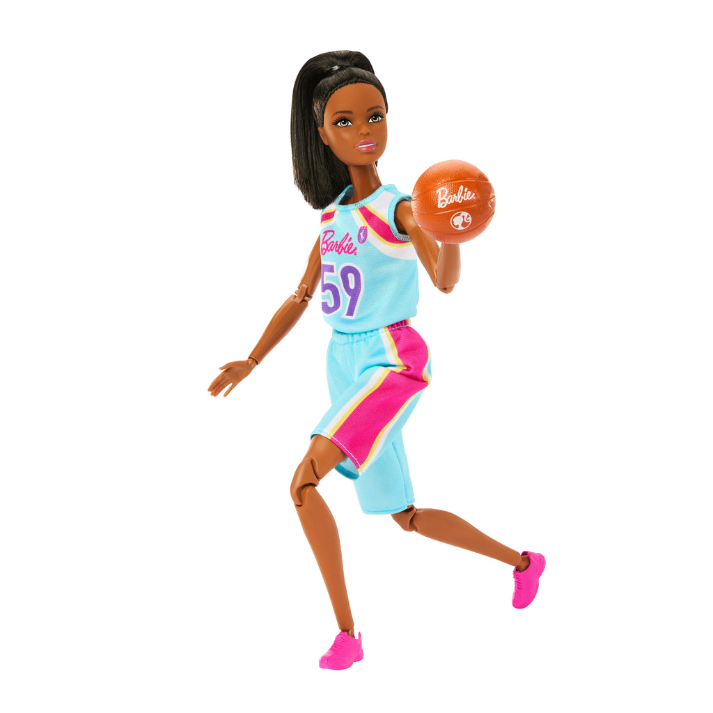 Barbie Sonsuz Hareket Basketbolcu Bebek ve aksesuarları, forması ve topuyla esmer bebek