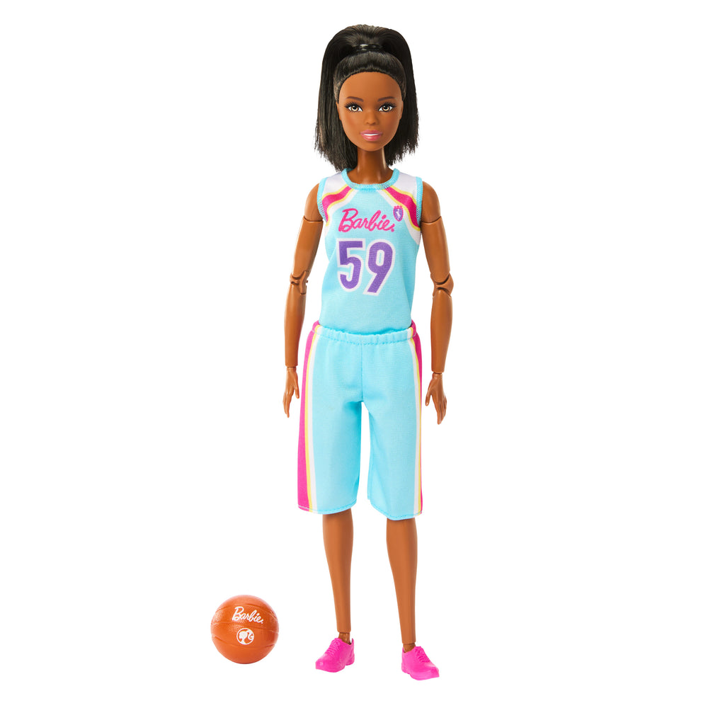 Barbie Sonsuz Hareket Basketbolcu Bebek ve aksesuarları, forması ve topuyla esmer bebek