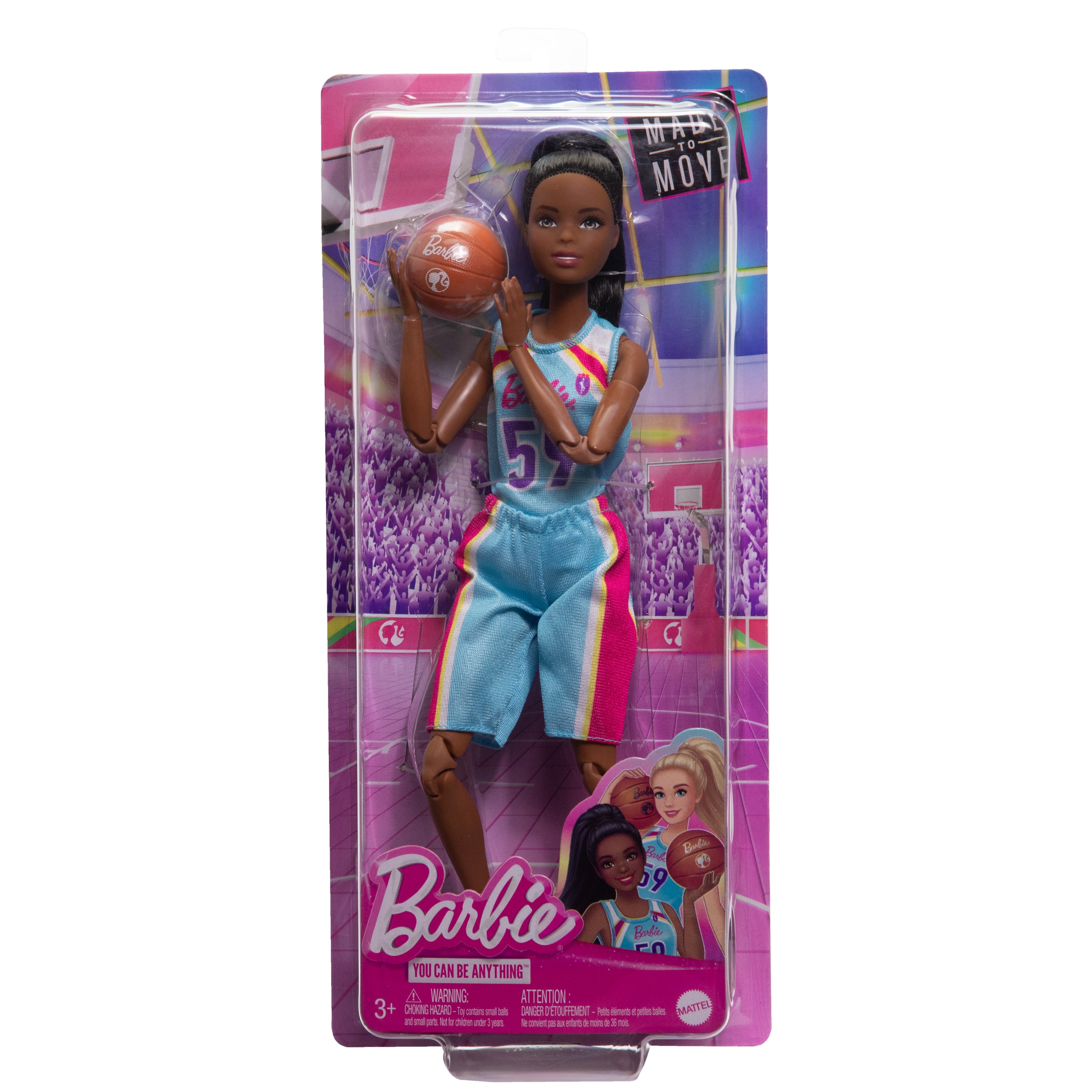 Barbie Sonsuz Hareket Basketbolcu Bebek ve aksesuarları, forması ve topuyla esmer bebek