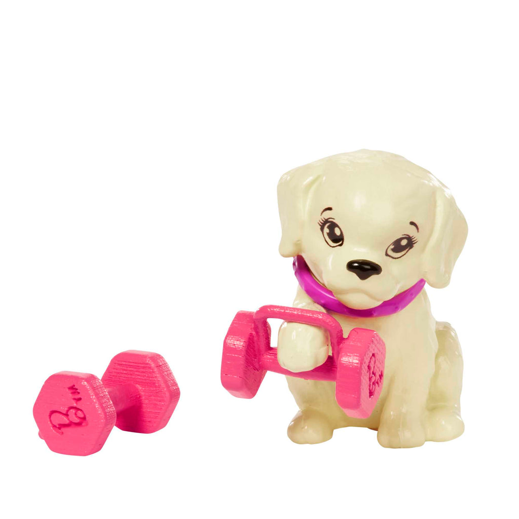 Yavru köpeği, spor kıyafetleri, patenleri ve tenis raketiyle Barbie® bebek