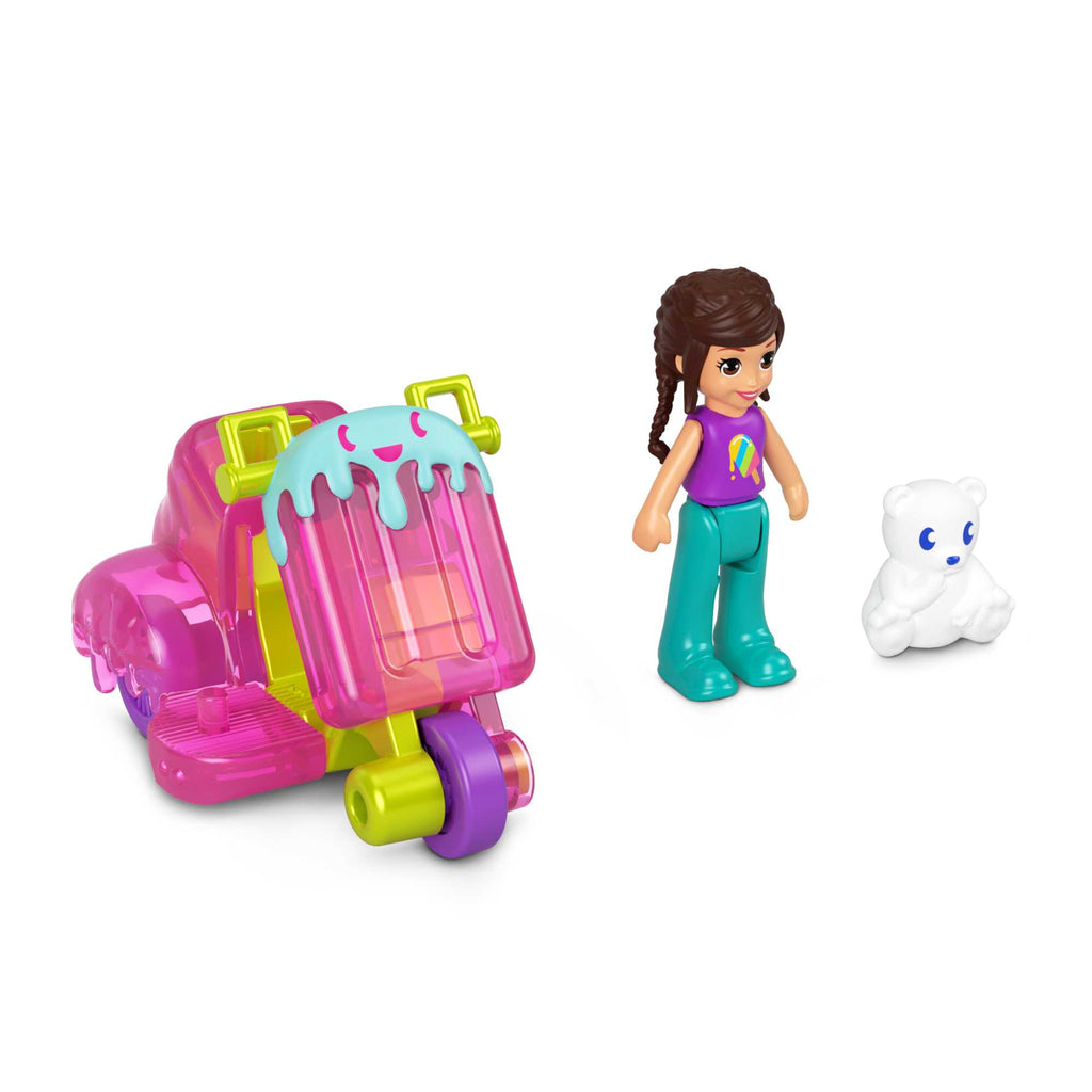 Polly Pocket Muhteşem Araçlar Buzlu Şeker Arabası, Mini Bebek, Kutup Ayısı Figürü ve Metal Araç