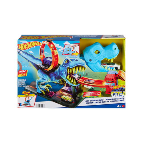 1 adet oyuncak araba içeren Hot Wheels™ şehri pist seti, T-Rex akrobasi ve yarış çemberli oyun seti
