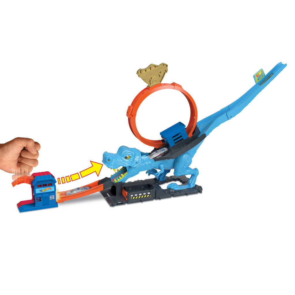 1 adet oyuncak araba içeren Hot Wheels™ şehri pist seti, T-Rex akrobasi ve yarış çemberli oyun seti