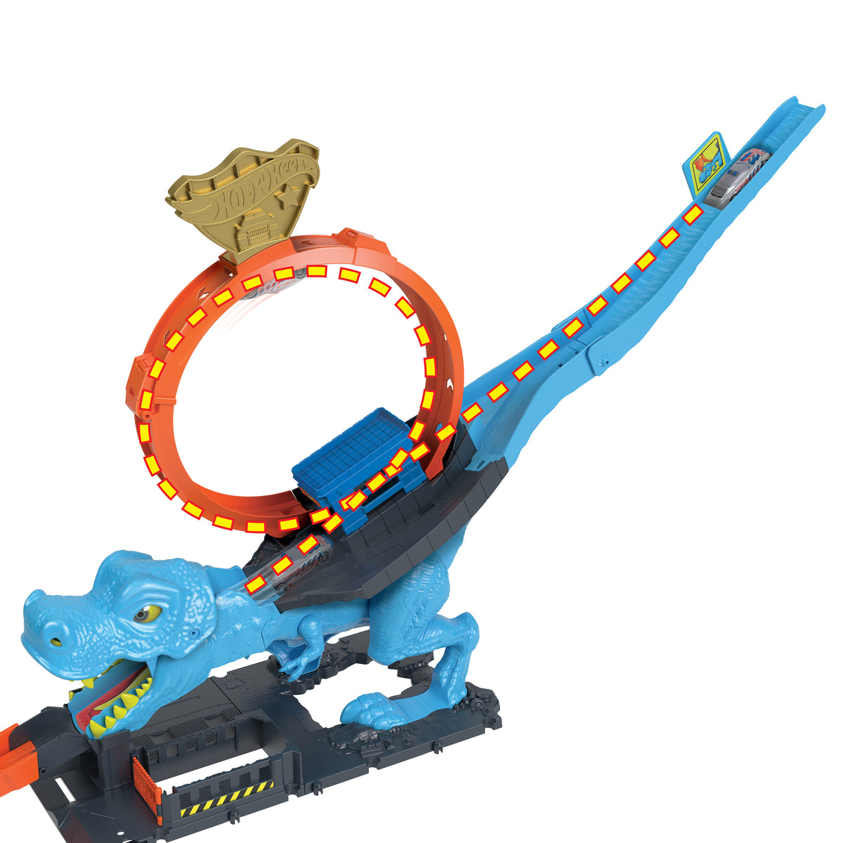 1 adet oyuncak araba içeren Hot Wheels™ şehri pist seti, T-Rex akrobasi ve yarış çemberli oyun seti