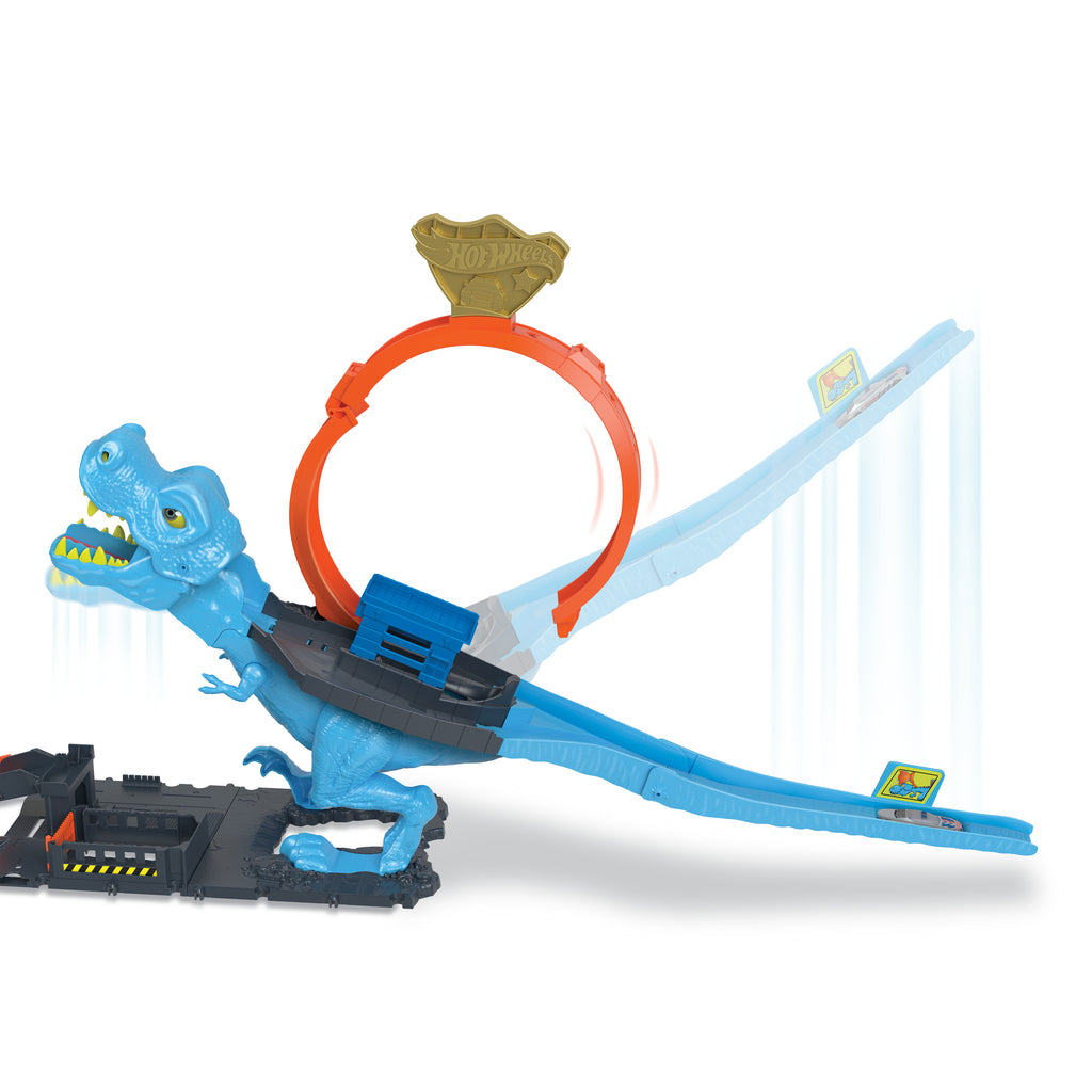 1 adet oyuncak araba içeren Hot Wheels™ şehri pist seti, T-Rex akrobasi ve yarış çemberli oyun seti