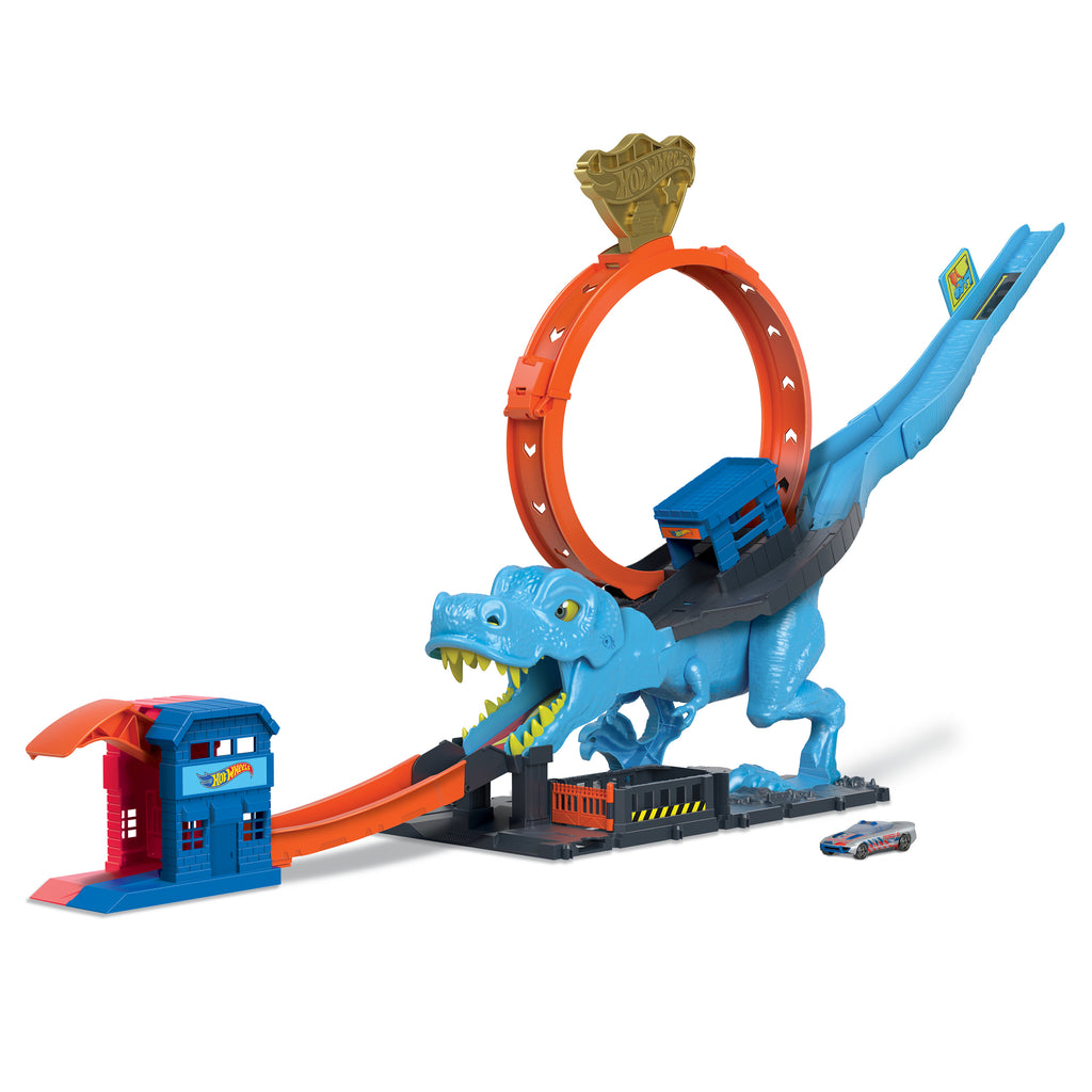 1 adet oyuncak araba içeren Hot Wheels™ şehri pist seti, T-Rex akrobasi ve yarış çemberli oyun seti