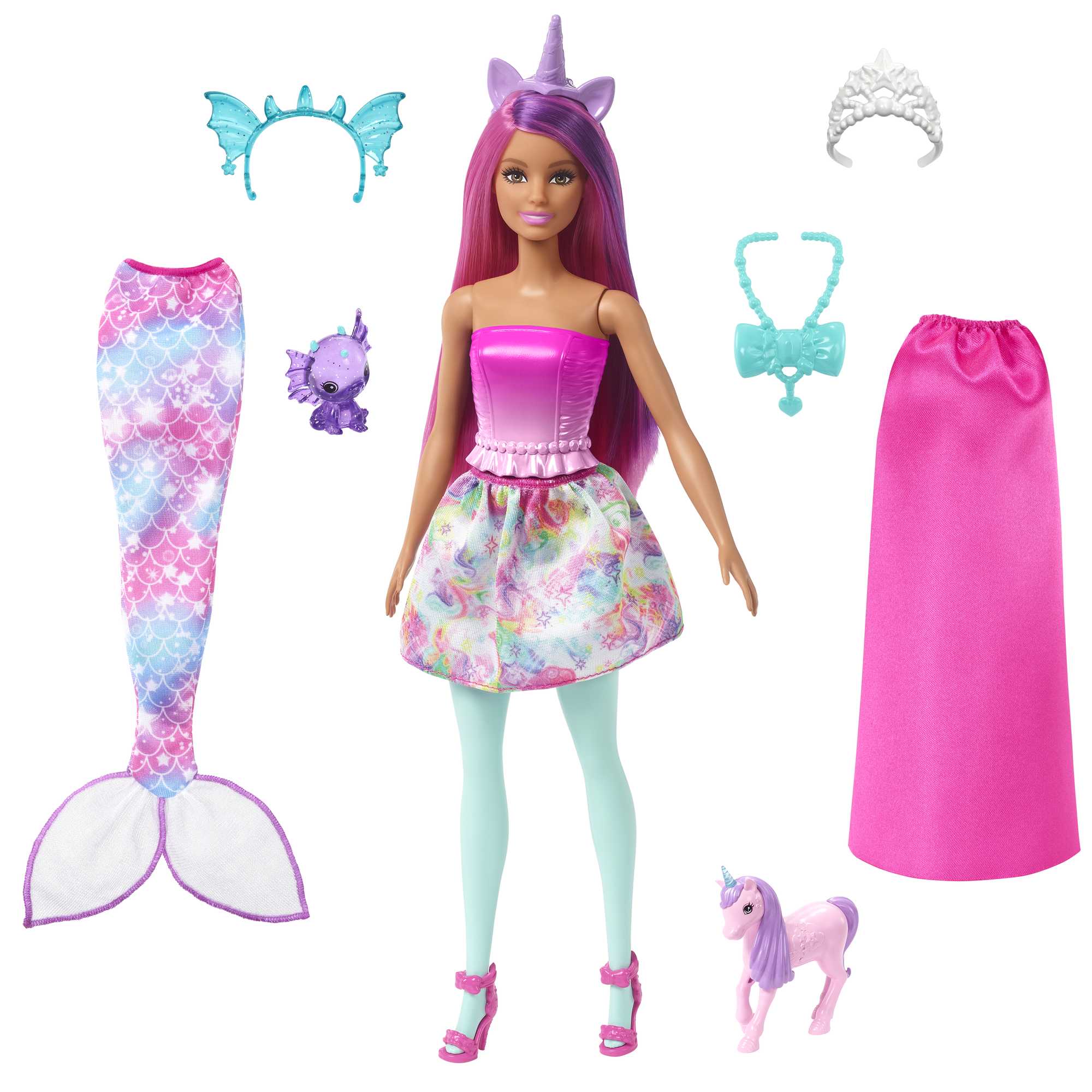 Barbie Dreamtopia Bebek ve Aksesuar Seti – Deniz Kızı Kuyruğu, Etek, Ejderha ve Tek Boynuzlu At