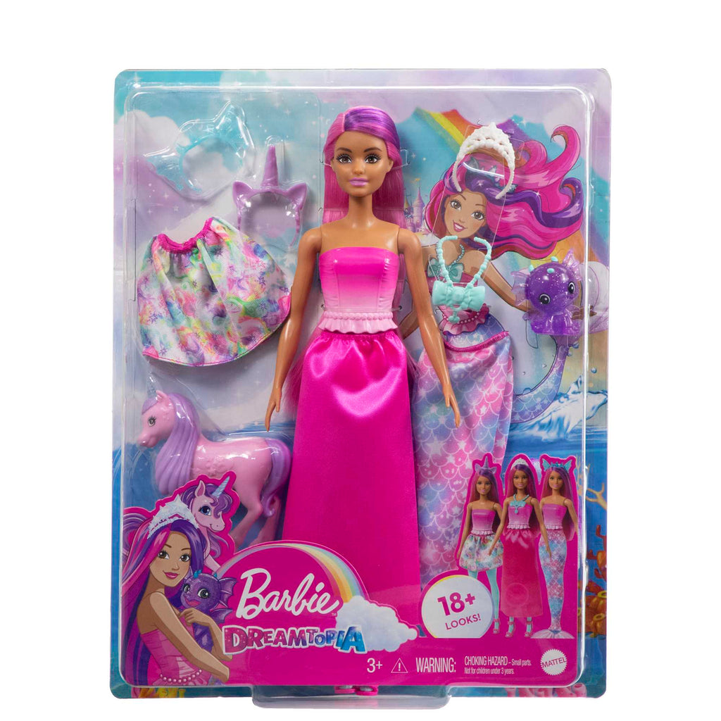 Barbie Dreamtopia Bebek ve Aksesuar Seti – Deniz Kızı Kuyruğu, Etek, Ejderha ve Tek Boynuzlu At