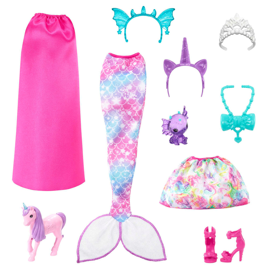 Barbie Dreamtopia Bebek ve Aksesuar Seti – Deniz Kızı Kuyruğu, Etek, Ejderha ve Tek Boynuzlu At