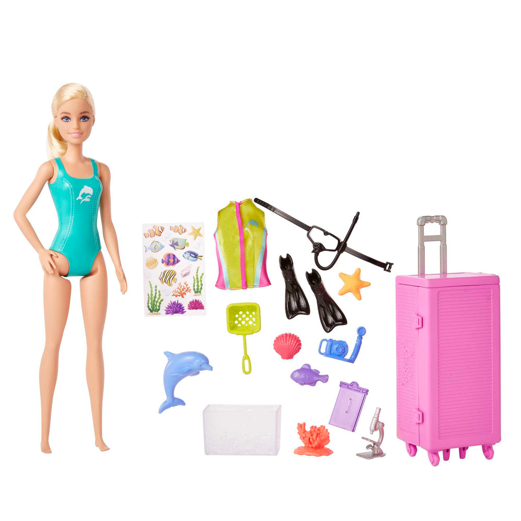 Barbie® bebekler ve aksesuarlar, 10'dan fazla parçalı deniz biyoloğu bebek (sarışın) ve taşınabilir laboratuvar oyun seti