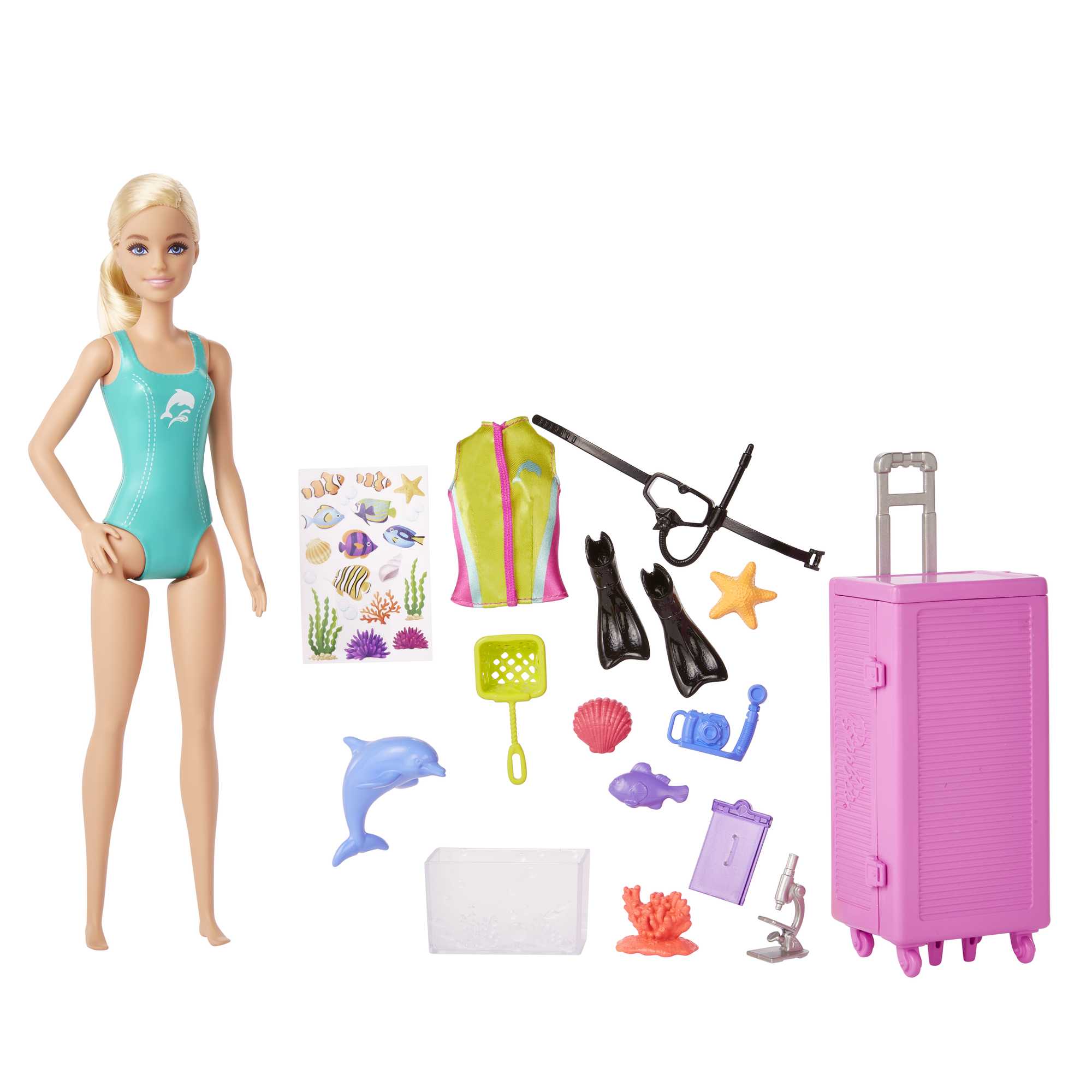 Barbie® bebekler ve aksesuarlar, 10'dan fazla parçalı deniz biyoloğu bebek (sarışın) ve taşınabilir laboratuvar oyun seti