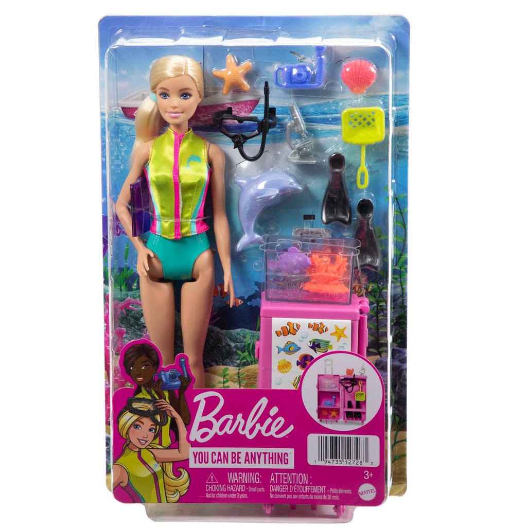 Barbie® bebekler ve aksesuarlar, 10'dan fazla parçalı deniz biyoloğu bebek (sarışın) ve taşınabilir laboratuvar oyun seti