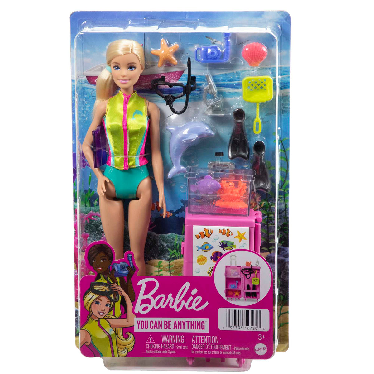 Barbie® bebekler ve aksesuarlar, 10'dan fazla parçalı deniz biyoloğu bebek (sarışın) ve taşınabilir laboratuvar oyun seti