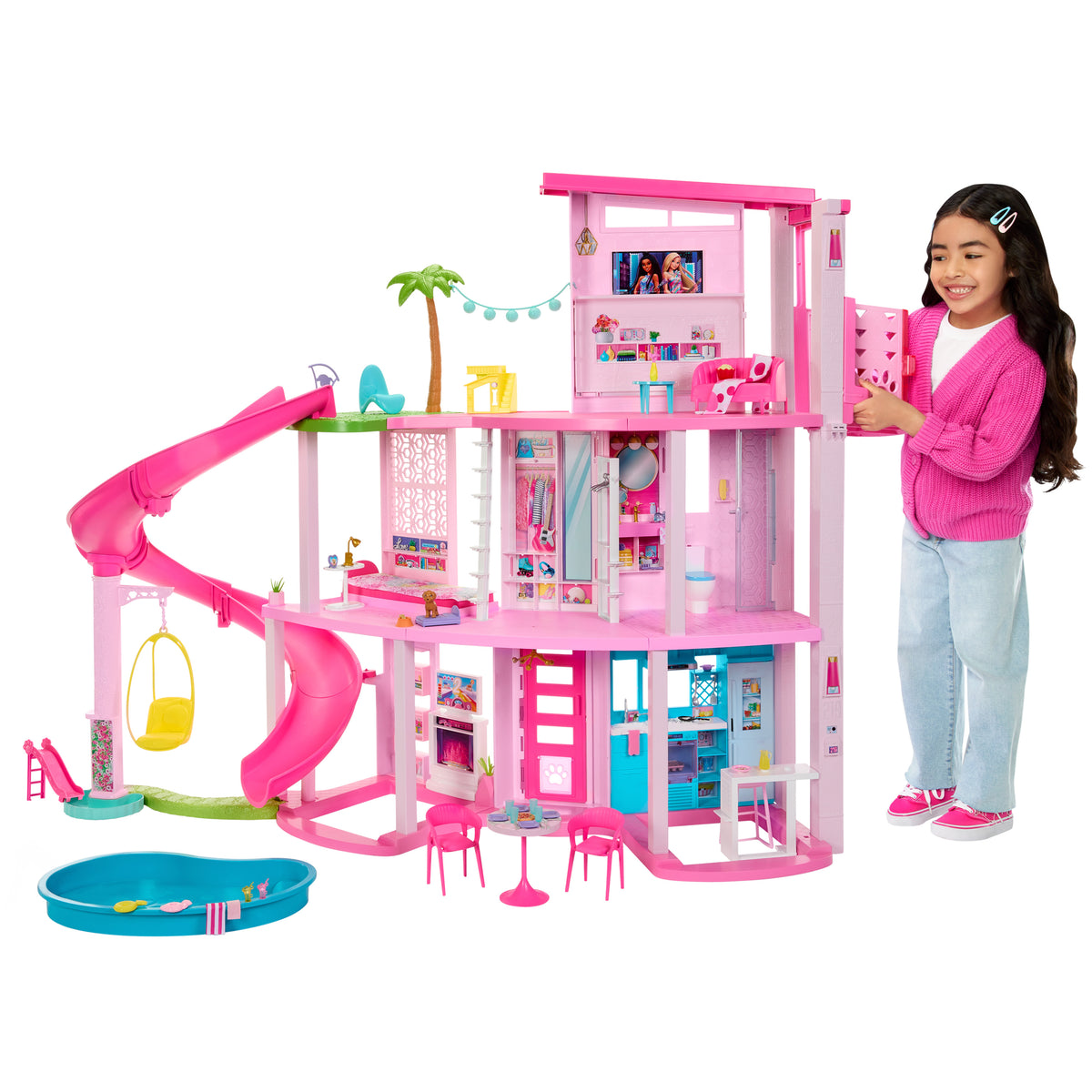 Barbie® Rüya Evi™, 75'ten fazla parça, 3 katlı kaydıraklı havuz partisi bebek evi