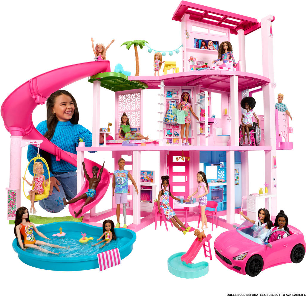 Barbie® Rüya Evi™, 75'ten fazla parça, 3 katlı kaydıraklı havuz partisi bebek evi