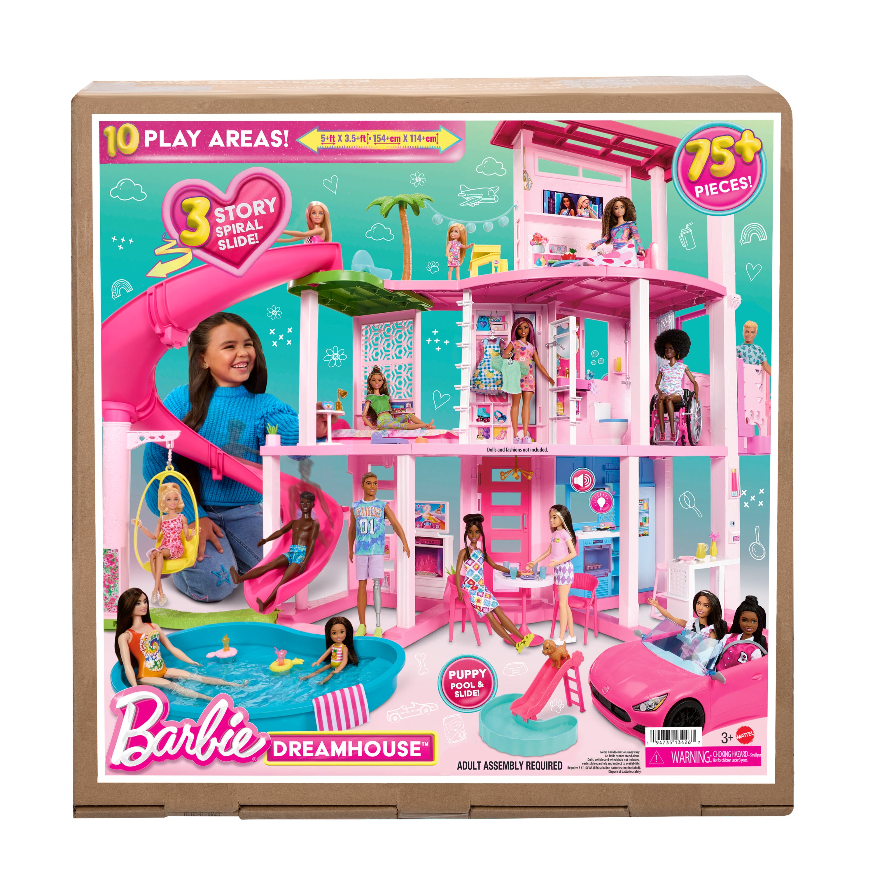 Barbie® Rüya Evi™, 75'ten fazla parça, 3 katlı kaydıraklı havuz partisi bebek evi
