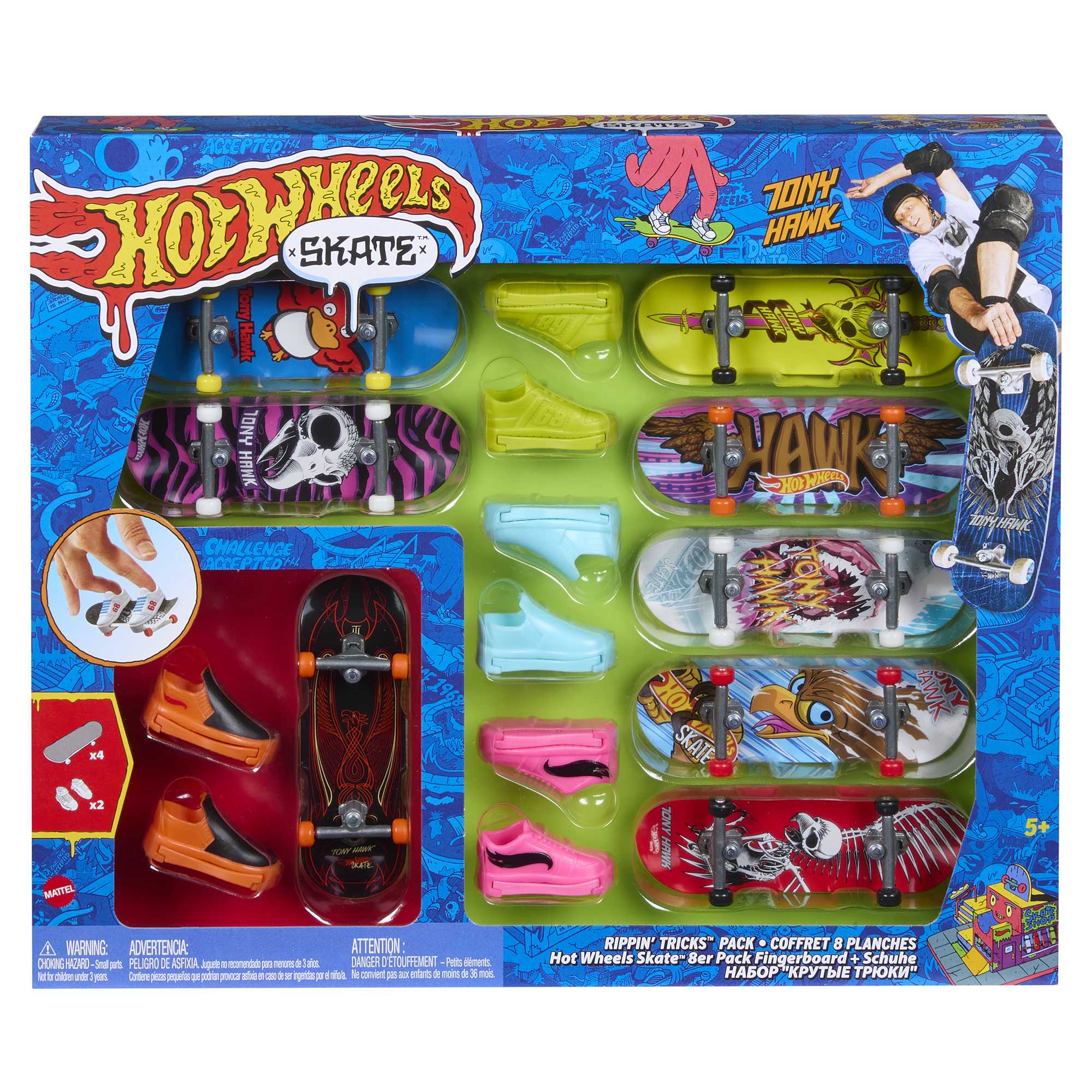 Hot Wheels Skate™ 8'li Tony Hawk temalı parmak kaykayı ve ayakkabı seti