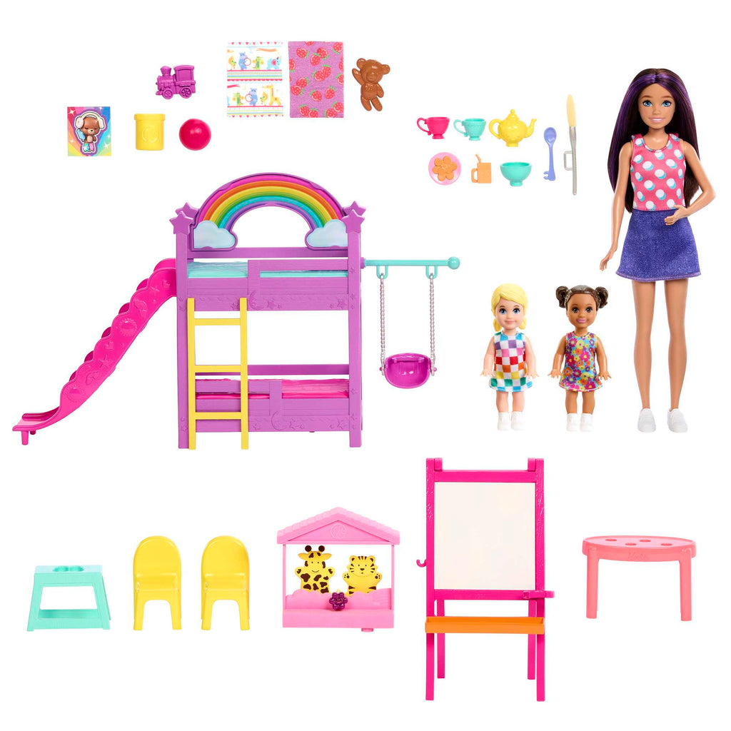 3 bebek, mobilya ve 15'ten fazla aksesuar ile Barbie Skipper Bebek Bakıcılığı Eğlencesi oyun seti