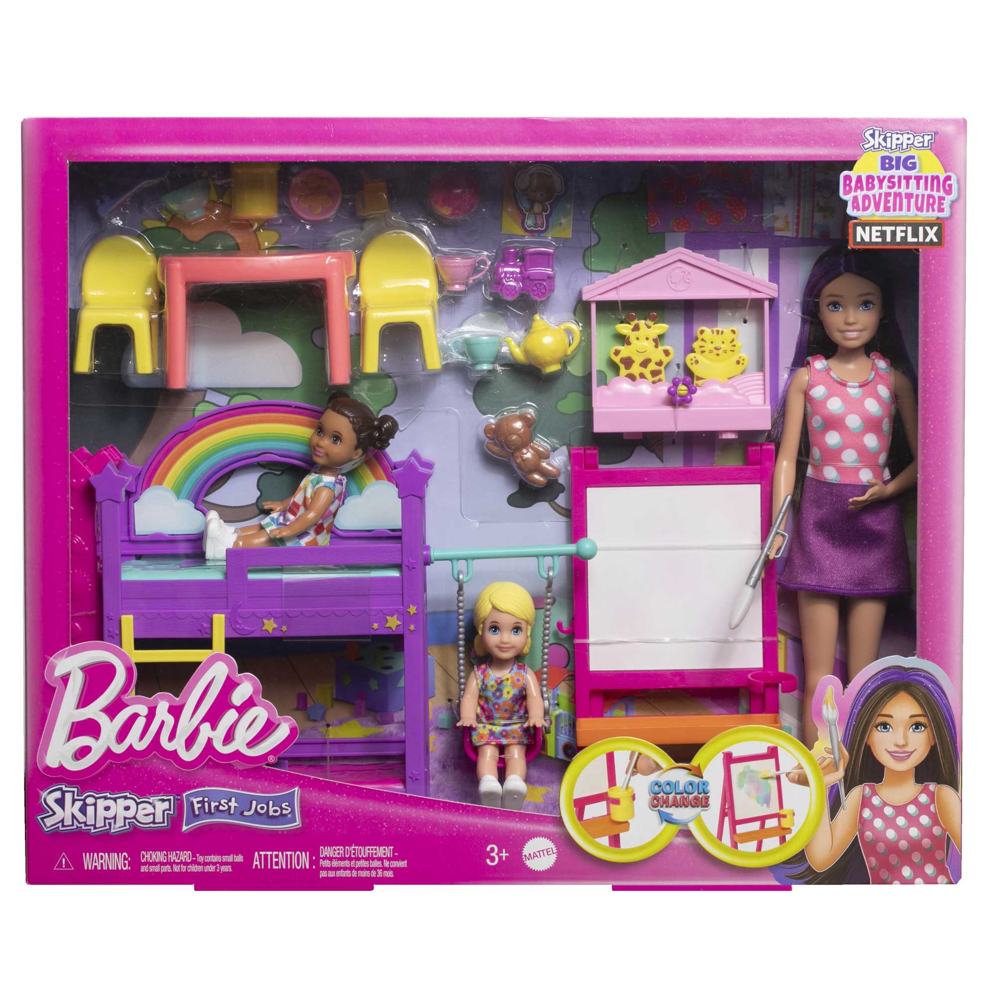 3 bebek, mobilya ve 15'ten fazla aksesuar ile Barbie Skipper Bebek Bakıcılığı Eğlencesi oyun seti