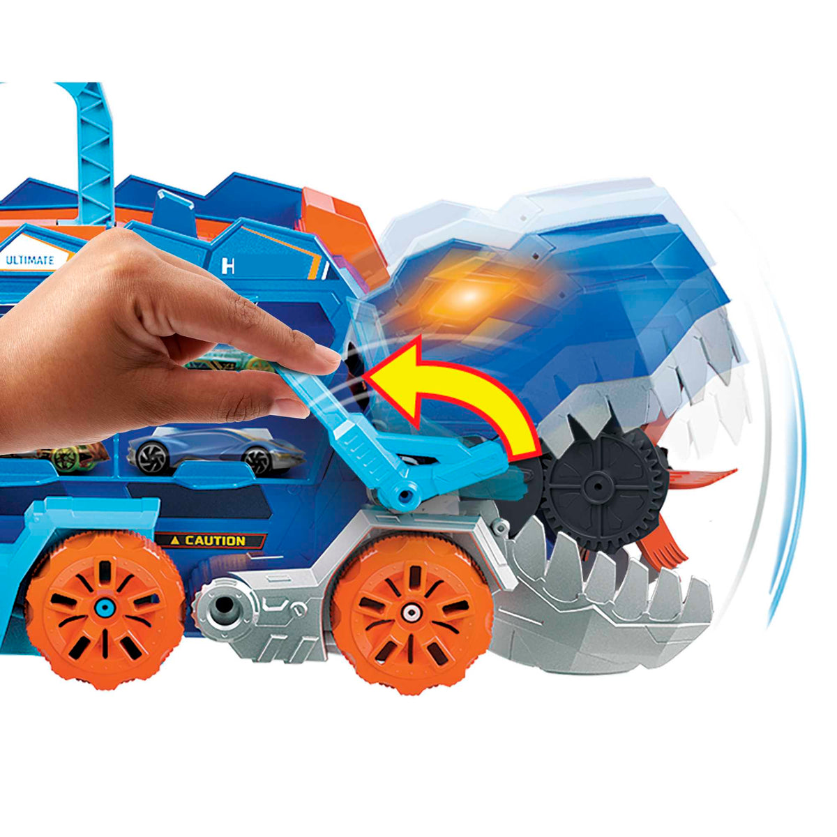 Hot Wheels™ City Ultimate T-Rex Tır – Işıklı Sesli Dönüşen Taşıyıcı ve Yarış Pisti Seti