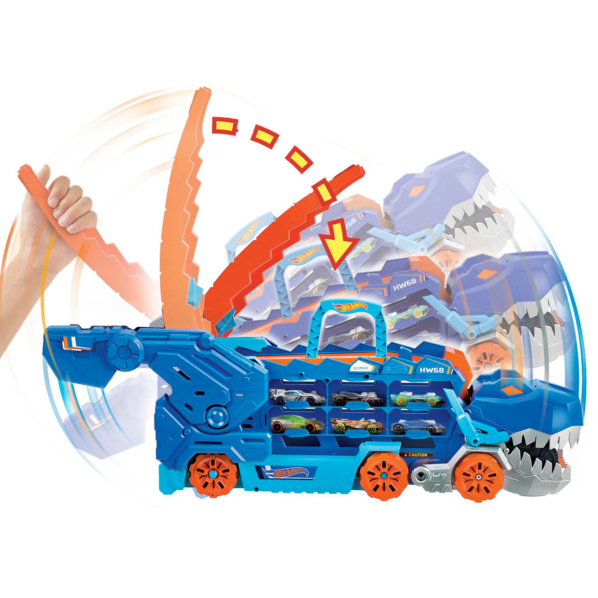 Hot Wheels™ City Ultimate T-Rex Tır – Işıklı Sesli Dönüşen Taşıyıcı ve Yarış Pisti Seti
