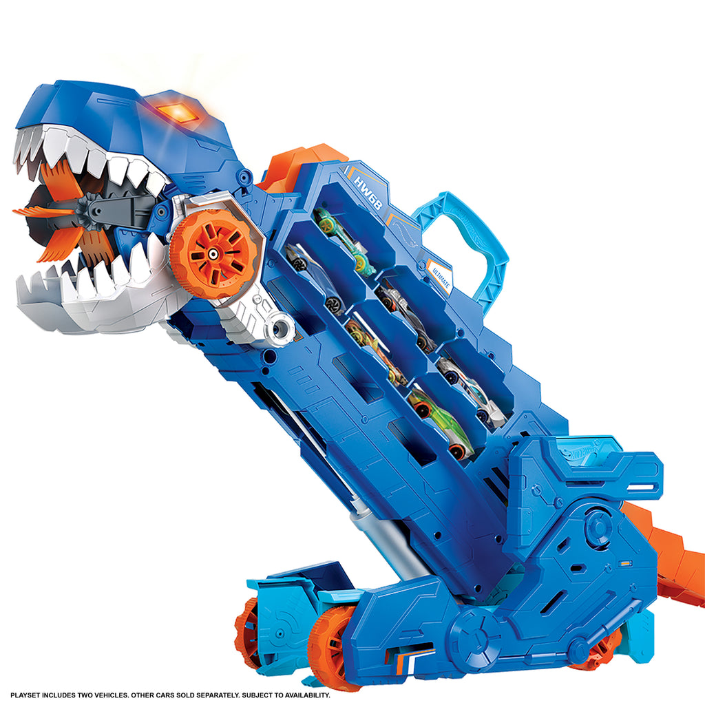 Hot Wheels™ City Ultimate T-Rex Tır – Işıklı Sesli Dönüşen Taşıyıcı ve Yarış Pisti Seti