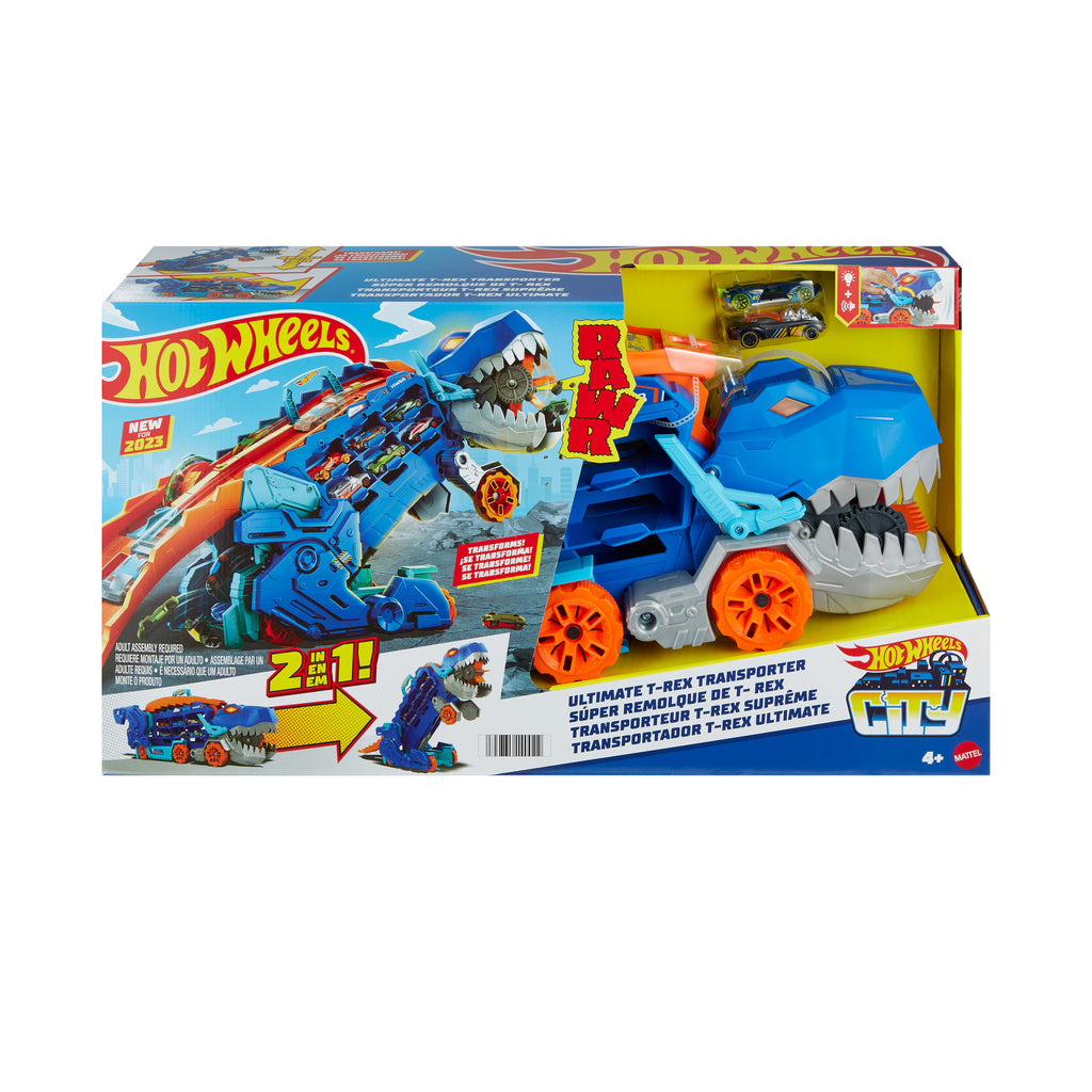 Hot Wheels™ City Ultimate T-Rex Tır – Işıklı Sesli Dönüşen Taşıyıcı ve Yarış Pisti Seti