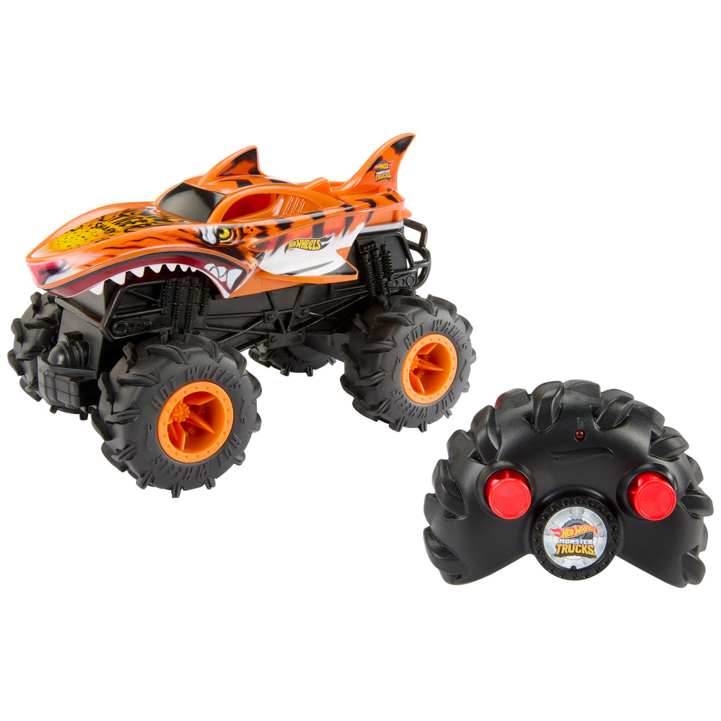 Uzaktan kumandalı ve 1:24 ölçekli Hot Wheels® Monster Trucks RC HW Tiger Shark RC™ oyuncak kamyon