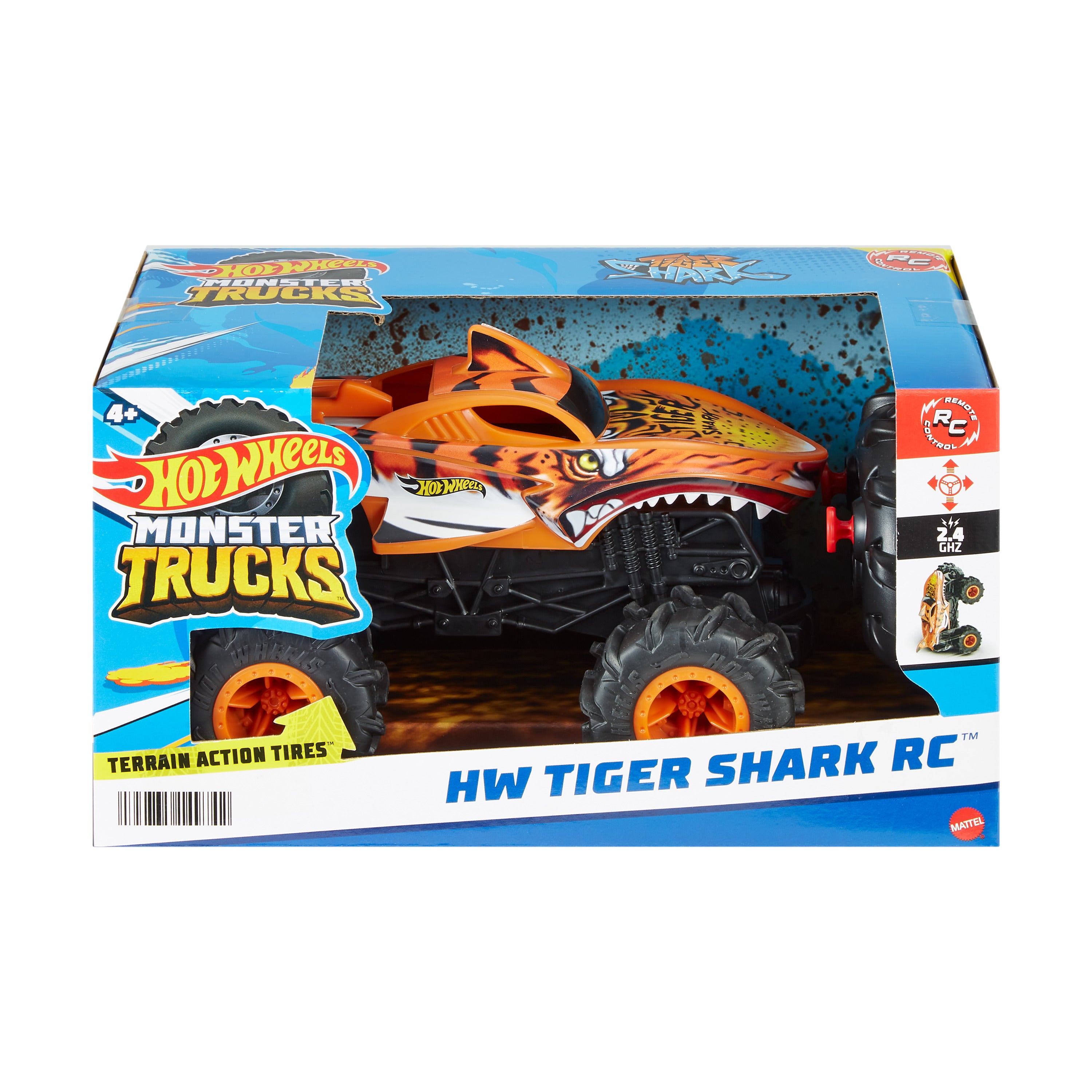 Uzaktan kumandalı ve 1:24 ölçekli Hot Wheels® Monster Trucks RC HW Tiger Shark RC™ oyuncak kamyon