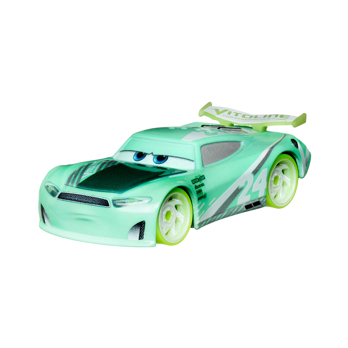Disney ve Pixar Cars Parlak Yarışçılar araçları karanlıkta parlayan, 1:55 ölçekli metal oyuncak arabalar içerir.