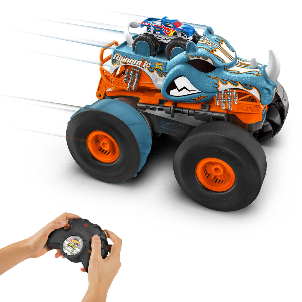 1:12 ölçekli Hot Wheels® Monster Trucks HW Uzaktan Kumandayla Dönüşen Rhinomite™ ve 1:64 ölçekli oyuncak kamyon