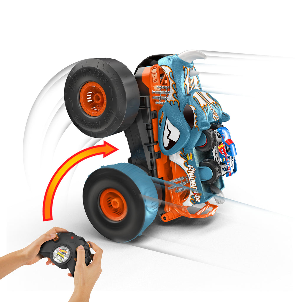 1:12 ölçekli Hot Wheels® Monster Trucks HW Uzaktan Kumandayla Dönüşen Rhinomite™ ve 1:64 ölçekli oyuncak kamyon
