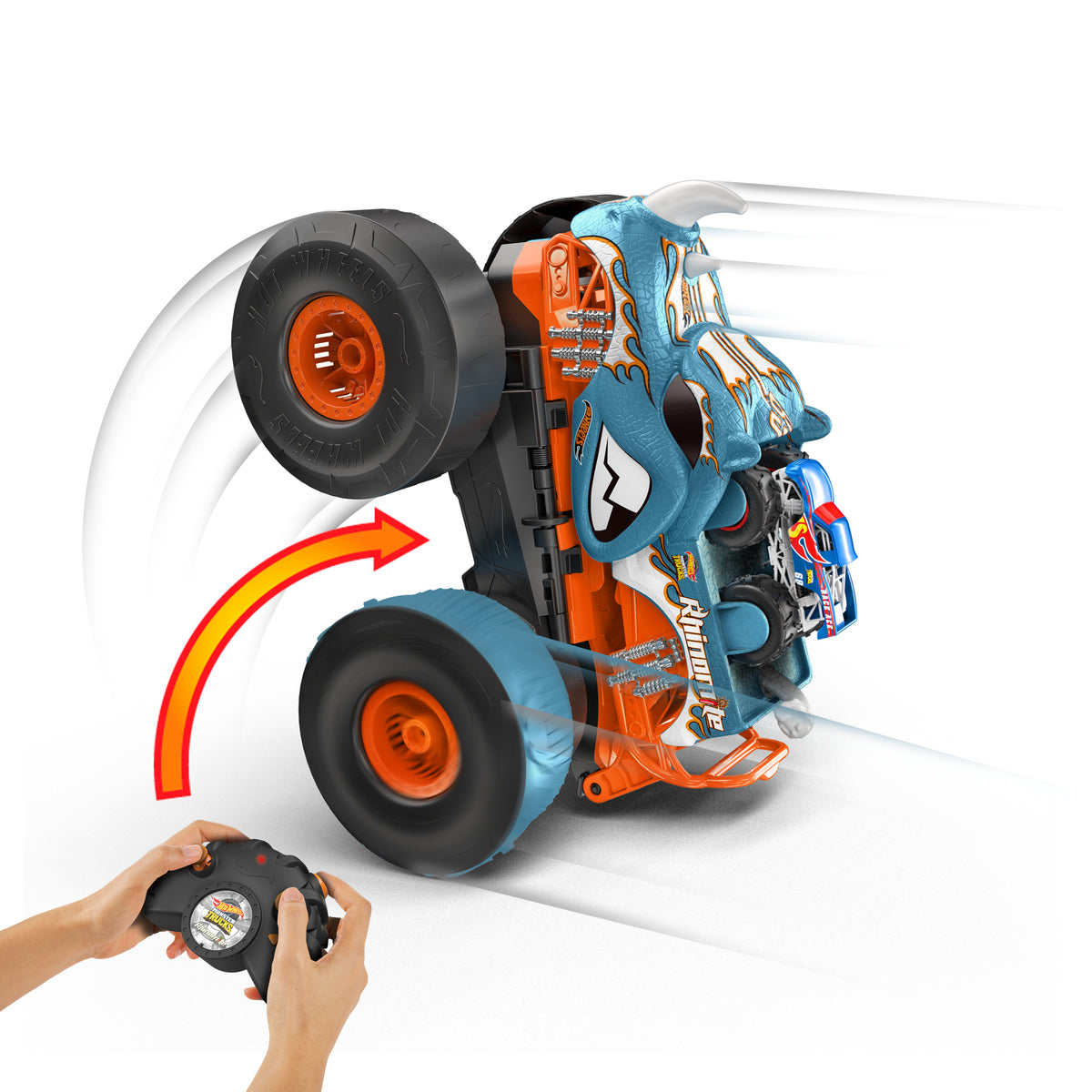 1:12 ölçekli Hot Wheels® Monster Trucks HW Uzaktan Kumandayla Dönüşen Rhinomite™ ve 1:64 ölçekli oyuncak kamyon