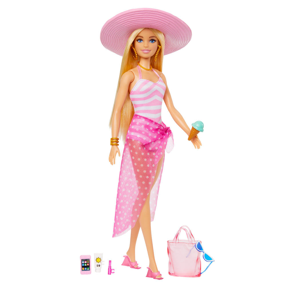 Mayosu ve plaj temalı aksesuarları olan sarışın Barbie® bebek