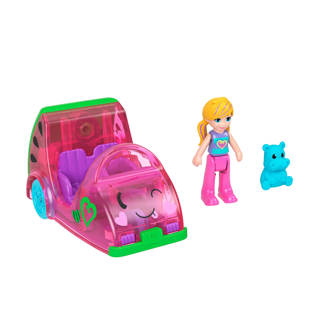 Polly Pocket Muhteşem Araçlar Karpuz Arabası, Mini Bebek, Su Aygırı Figürü ve Metal Araç
